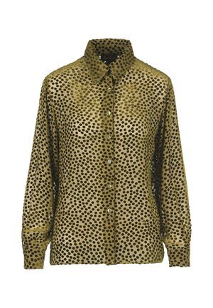 Groene fluwelen overhemd met zwarte stippen, knoopsluiting aan de voorkant en een puntige kraag. Lange mouwen met knoopmanchetten, gestructureerd oppervlak.