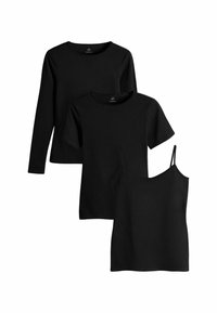 Drei schwarze Oberteile: eines mit langen Ärmeln, eines mit kurzen Ärmeln und ein Top. Alle sind aus weichem Stoff mit einem schlichten, klassischen Design und ohne Muster.