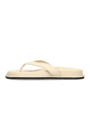 Beige teenslipper met gevoerde zool en zwarte gestructureerde onderkant, zijaanzicht op een witte achtergrond.