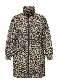 Jakna od životinjske kože s leopard uzorkom, koja ima visok ovratnik, zatvaranje na patentni zatvarač, slobodan kroj i elastične manžete. Izrađena je od lakog materijala s sjajnom teksturom.