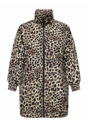 Leopard print outerwear jacket, featuring a high collar, zip closure, loose fit, and elastic cuffs. Made of lightweight fabric with a glossy texture.