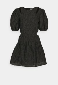 Musta pitsimekko, jossa on puffihihat, muotoiltu vartalo ja laajeneva helma. Leikkaukset hartioilla. Vetoketjusulku takana.