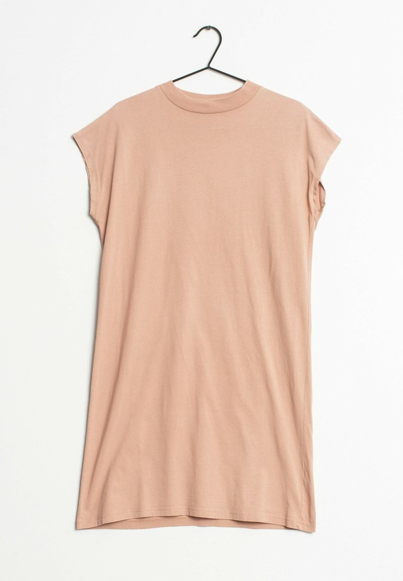 Sukienka z krótkim rękawem, luźno dopasowana, w delikatnym kolorze brzoskwiniowym, wykonana z lekkiego materiału, z okrągłym dekoltem i zaokrąglonym dołem.