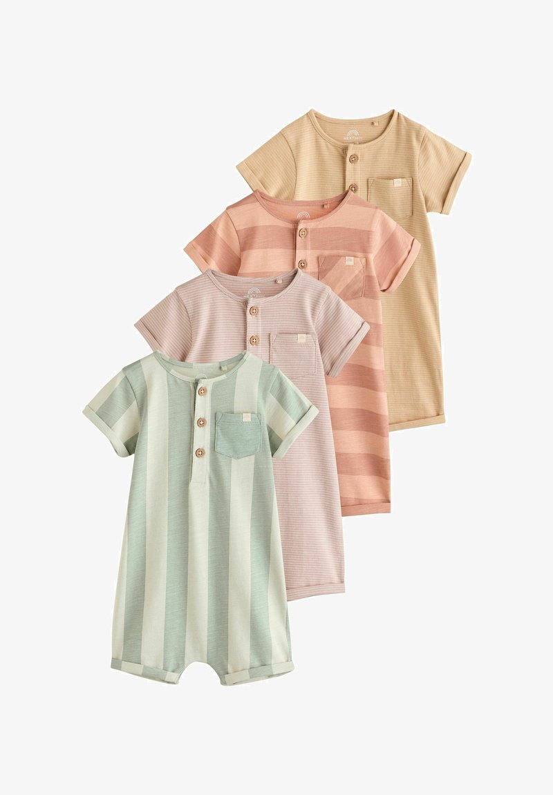 Fire korteærmede jumpsuits i ribbet stof med knapper, en lomme og forskellige farver: mintgrøn, pink striber, lys pink og beige.