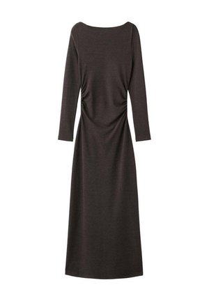 Obleka z dolgimi rokavi, temno rjave barve, z okroglim izrezom in naborki ob strani, iz mehkega, raztegljivega materiala.