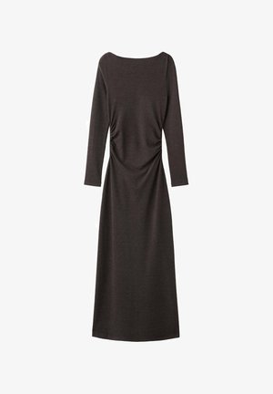 Long-sleeve, dark brown dress with a scoop neck and gathered detailing along the side, made from soft, stretchy fabric.