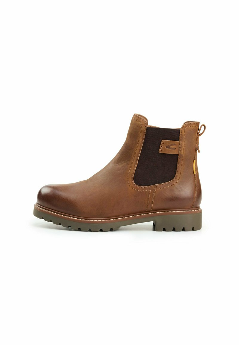 Brown leather ankle boot featuring elastic side panels, a round toe, textured brown accents, and a treaded rubber sole.