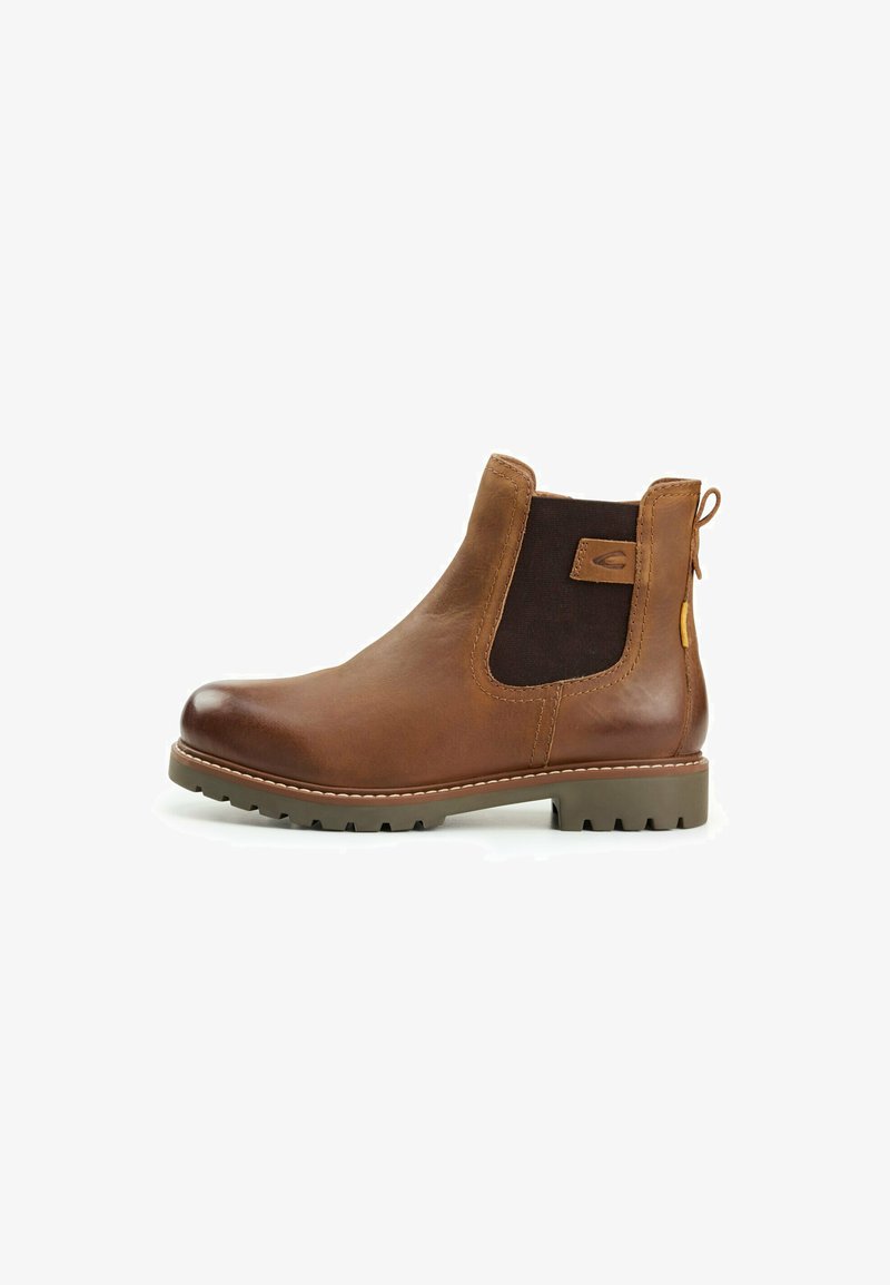 Bottines en cuir marron avec des panneaux latéraux élastiques, un bout rond, des accents texturés marron et une semelle en caoutchouc antidérapante.