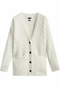 Cardigan bianco in pelliccia sintetica con scollo a V, maniche lunghe, due tasche frontali e cinque bottoni neri sul davanti. Texture morbida.