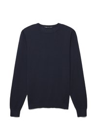 Dunkelblauer, langärmeliger Pullover aus strukturiertem Strickmaterial. Verfügt über einen Rundhalsausschnitt und Rippabschlüsse für ein enganliegendes Erscheinungsbild.