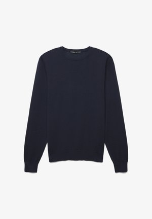 Dunkelblauer, langärmeliger Pullover aus strukturiertem Strickmaterial. Verfügt über einen Rundhalsausschnitt und Rippabschlüsse für ein enganliegendes Erscheinungsbild.