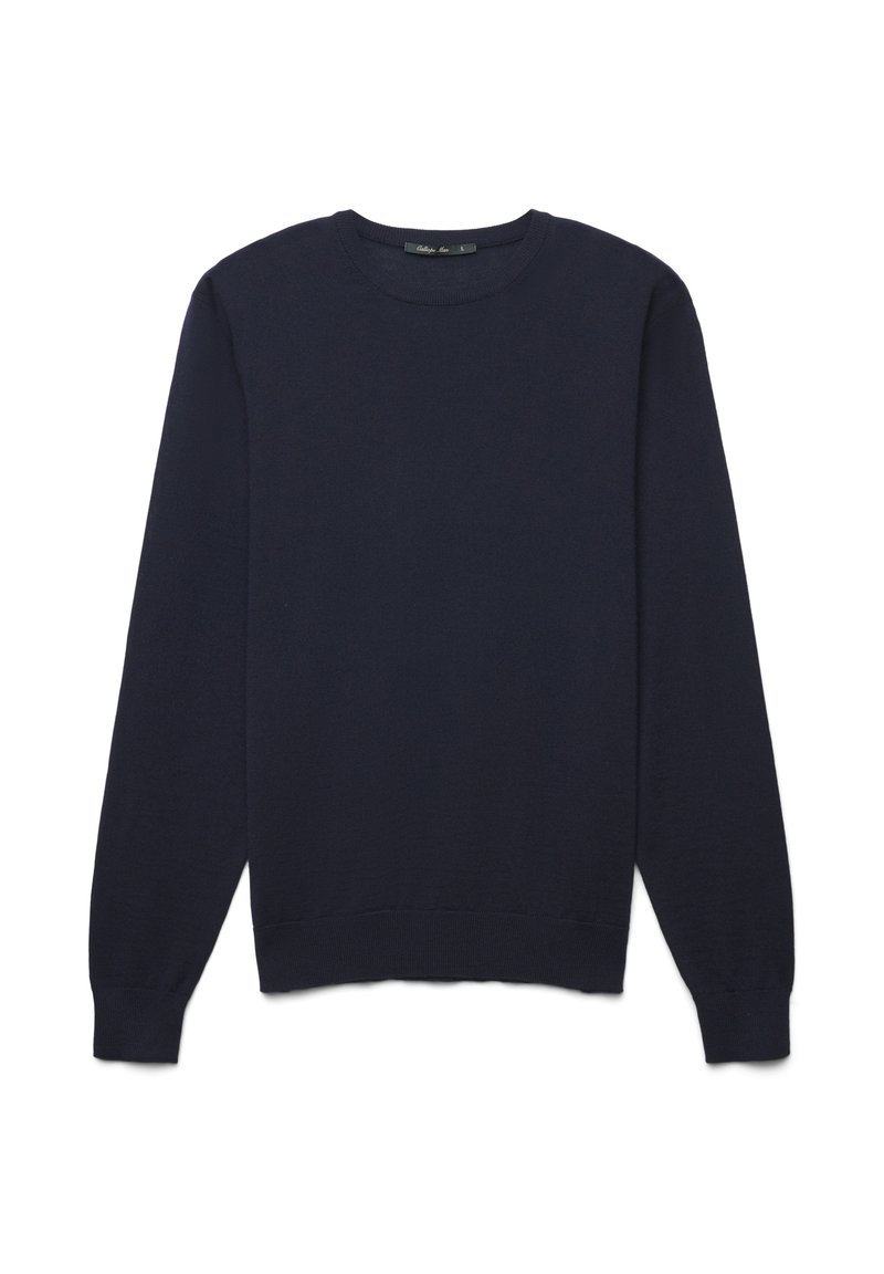 Dunkelblauer, langärmeliger Pullover aus strukturiertem Strickmaterial. Verfügt über einen Rundhalsausschnitt und Rippabschlüsse für ein enganliegendes Erscheinungsbild.