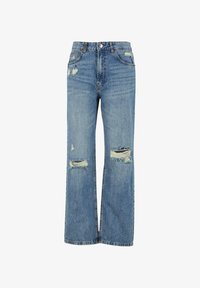 Vaqueros de denim azul claro con una cintura alta, corte de pierna ancha, desgastes en las rodillas y diseño clásico de cinco bolsillos.