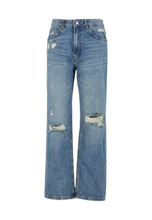 Hellblaue Jeans aus Denim mit hohem Bund, weit geschnittenem Bein, ausgefransten Rissen an den Knien und klassischem Fünf-Taschen-Design.