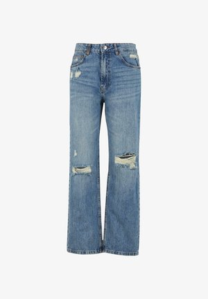 Jeans in denim blu chiaro con vita alta, taglio a gamba larga, strappi usurati sulle ginocchia e design classico a cinque tasche.