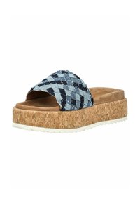 Denim schuiflipper met een geweven blauwe en marineblauwe bovenkant, kurken zool en witte rubberen buitenzool. Heeft een vlak ontwerp en open teen.