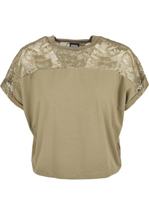 Olive green short-sleeve top with lace detailing across shoulders and upper chest, round neckline, and loose fit.