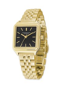 Orologio da polso in oro con quadrante quadrato nero, indicatori e lancette delle ore in oro, e un bracciale metallico a maglie, marca "Copenhagen Studios."