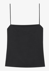Black camisole top with thin spaghetti straps, made of soft fabric, featuring a straight neckline and a smooth, minimalist design.