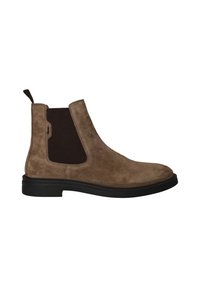 Bruine suède Chelsea-boot met elastische zijkanten, een trekhaak en een rubberen zool. Kenmerkt zich door een gladde textuur en een ronde neoprenen punt.