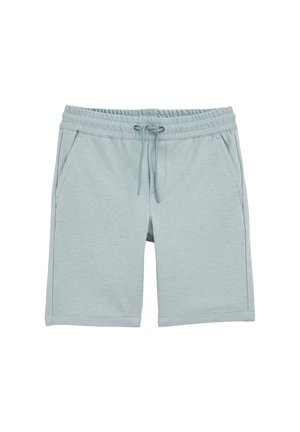 Shorts bleu clair décontractés avec ceinture élastique, cordon de serrage et poches latérales, conçus pour le confort et un usage quotidien.