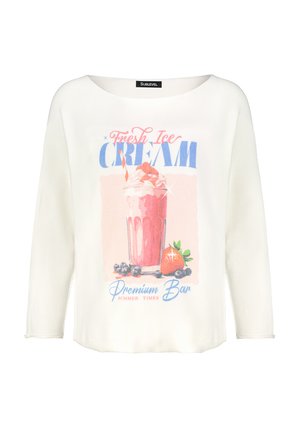 White long-sleeve T-shirt featuring a colorful ice cream and fruit graphic print, with "Fresh Ice Cream" text in pink and blue.