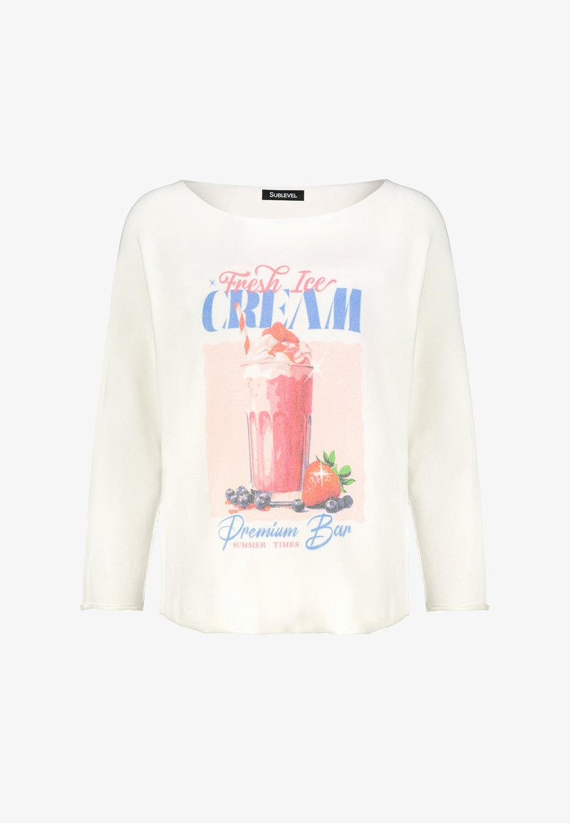 White long-sleeve T-shirt featuring a colorful ice cream and fruit graphic print, with "Fresh Ice Cream" text in pink and blue.