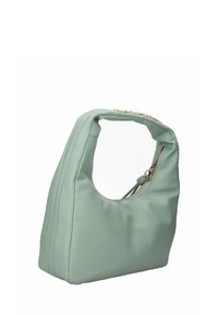 Borsa a tracolla in pelle verde menta chiaro con manico largo, cerniera dorata e dettaglio sottile annodato sulla linguetta della cerniera.