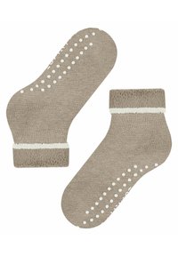 Beżowe bawełniane skarpetki do kostek z teksturowanym białym paskiem przy mankietach, sylikonowe kropki na podeszwach dla lepszej przyczepności i gładkie wykończenie.