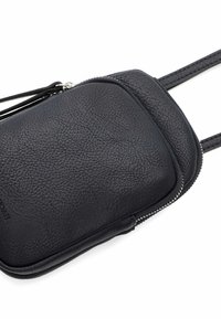 Black leather crossbody bag with a textured surface, zip closure, slim design, and adjustable strap for easy carrying.