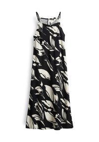 Schwarzes Blumenkleid mit weißen Blattmustern, dünnen Spaghetti-Trägern und einem fließenden Design. Hergestellt aus weichem, leichtem Stoff.