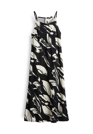 Schwarzes Blumenkleid mit weißen Blattmustern, dünnen Spaghetti-Trägern und einem fließenden Design. Hergestellt aus weichem, leichtem Stoff.