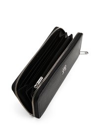 Black leather wallet with a textured finish, zip closure, multiple compartments, and silver hardware accents. Features an embossed logo.