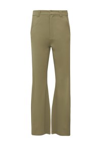 Pantalons évasés vert olive en tissu stretch, avec une taille plate, des passants de ceinture et deux poches latérales. Texture lisse avec une coupe ajustée.