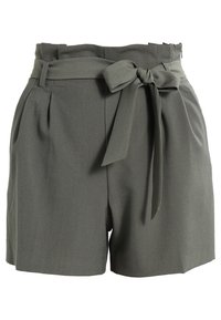 Šedé šortky s vysokým pasem a zavazovacím páskem, s předními záhyby a bočními kapsami, vyrobené z hladké látky.