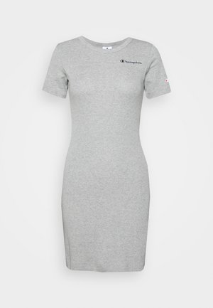 Abito in cotone grigio, maniche corte, design aderente, scollatura rotonda. Presenta un piccolo logo sul petto e un dettaglio con logo sulla manica.