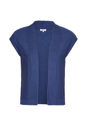 Blauwe gebreide cardigan met een open voorkant, korte mouwen en textuurpatronen. Heeft ribbelranden en een losse, ontspannen pasvorm.