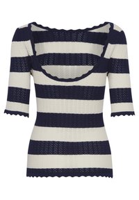 Top lavorato a maglia con strisce orizzontali blu navy e bianche, scollatura a girocollo con bordi ondulati, maniche corte e tessuto testurizzato.