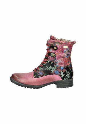 Lace-up ankle boots featuring a two-tone design: pink textured leather with a floral black fabric panel and decorative buttons.