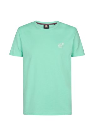 Camiseta de algodón verde menta con cuello redondo, mangas cortas y un pequeño logo blanco con una palmera en el lado izquierdo del pecho.