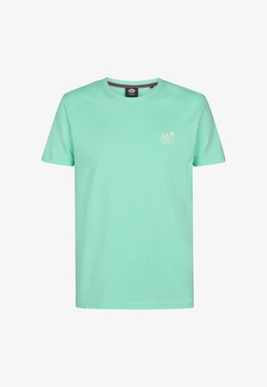 Miętowa bawełniana koszulka z okrągłym dekoltem, krótkimi rękawami oraz małym białym logo z palmą na lewej piersi.