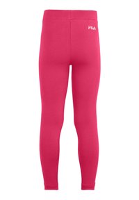 Leggings rosa elasticizzati con vita alta, design aderente e dettaglio del logo sul retro. Texture liscia e copertura a lunghezza completa.