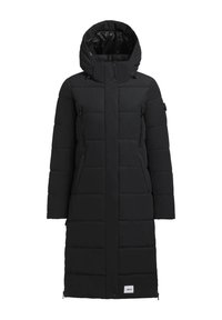 Cappotto imbottito nero con cappuccio, caratterizzato da un taglio lungo e dritto, tasche con zip, pannelli cuciti e una toppa con logo sull'orlo.