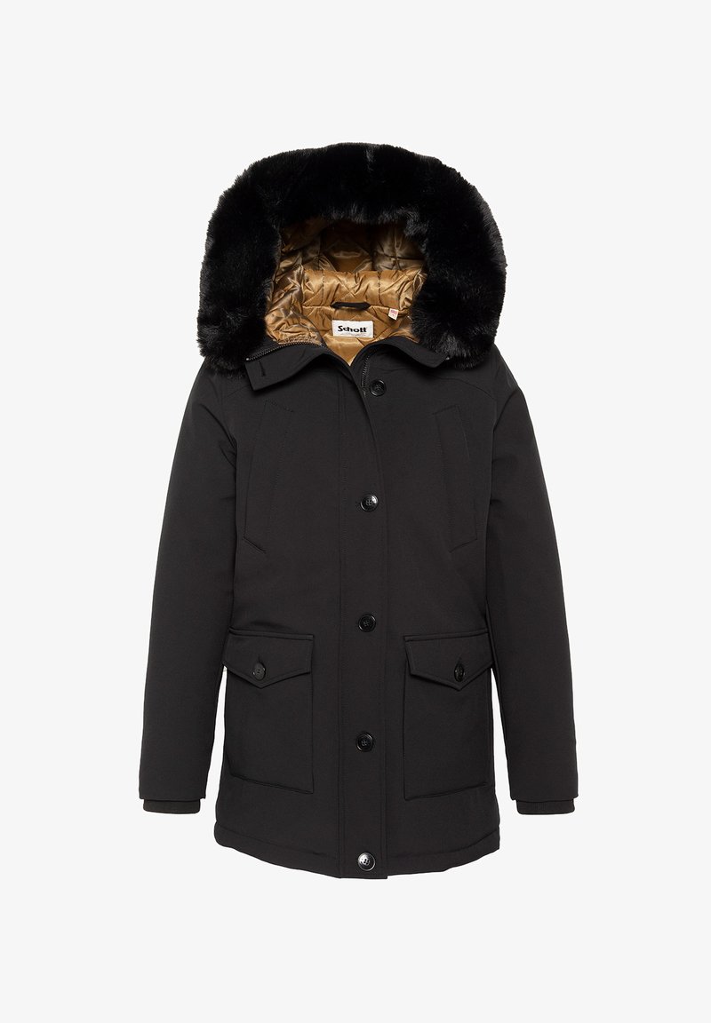 Veste d'hiver noire avec une large bordure en fourrure noire à la capuche, fermeture par boutons et fermeture éclair, deux poches avant à rabat et doublure intérieure matelassée marron.
