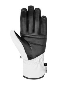 Schwarze Leder- und weiße Stoffhandschuhe mit einem Fünf-Finger-Design, strukturiertem Finish, elastischem Bündchen und wasserdichtem Etikett am Handgelenk.