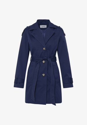 Temno modri trenca plašč z širokimi ovratniki, zapiranjem na gumbe, pasom v pasu, ramenima etuijemi in manšetnimi trakovi.