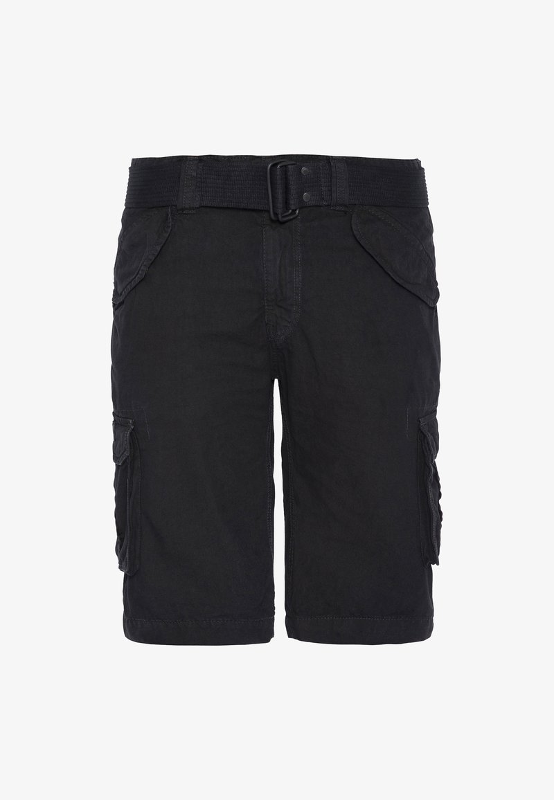 Shorts cargo noirs en coton mélangé, dotés d'une ceinture robuste, de poches latérales et d'une coupe décontractée, avec des détails de couture visibles.