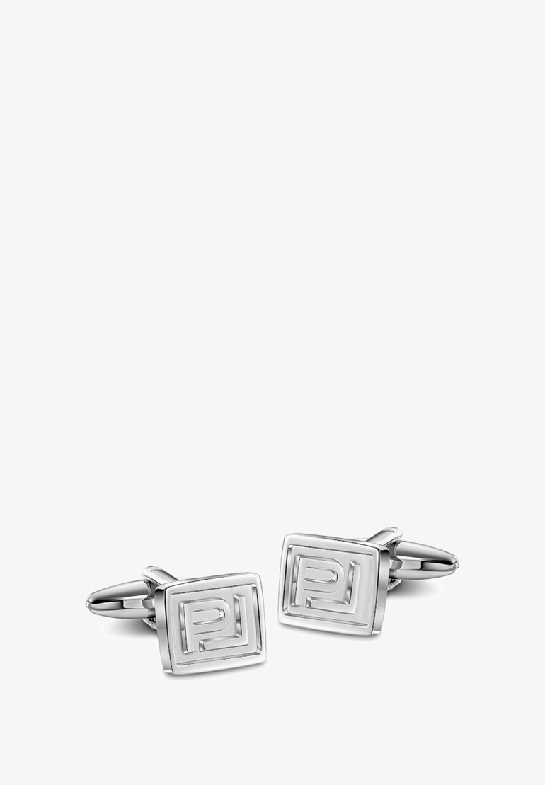 Srebrne spinki do mankietów o prostokątnym kształcie z wypukłym, geometrycznym logo "PJ" i polerowaną fakturą. Klasyczny design na formalne okazje.