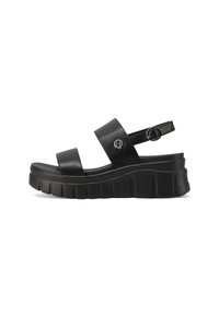 Sandali platform neri realizzati in pelle liscia, con due spesse cinghie e una cinghia regolabile alla caviglia. Suola in gomma testurizzata con scanalature.