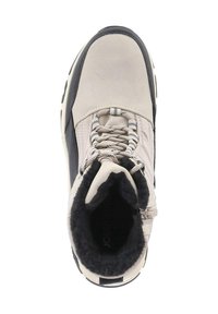 Botte en matériau synthétique gris clair avec des accents noirs, doublée de fourrure et dotée d'un système de laçage distinct. Bout rond et semelle extérieure durable.